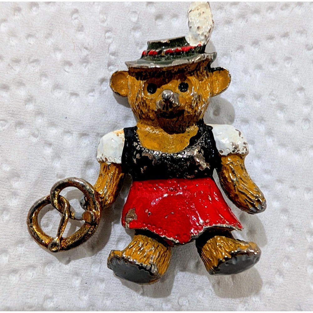 Vintage SD Enamel Teddy Bear Brooch Dirndl Oktoberfest Pretzel Pin Silver Tone